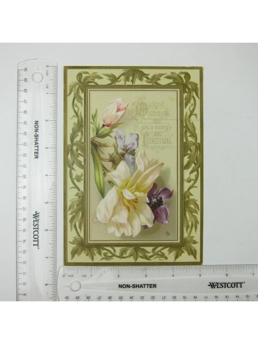 Victorian Christmas Card Flowers Pink Purple Yellow Back Cherubs Birds Antique